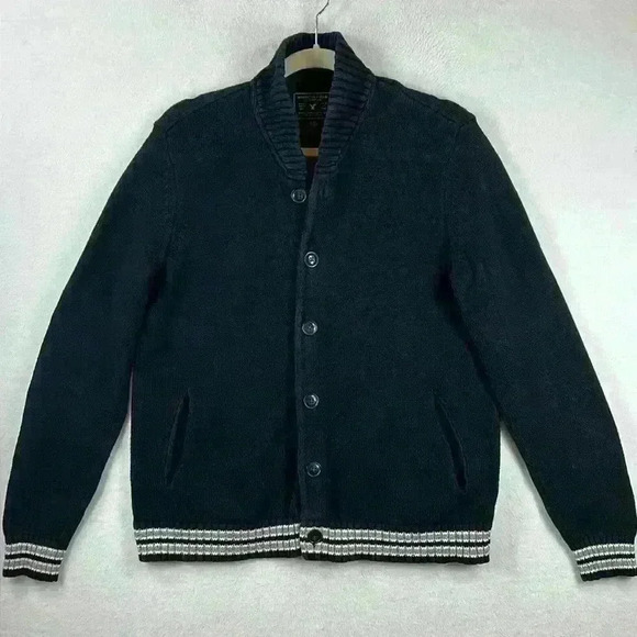 American Eagle Outfitters Cardigan Sweater Sz Medium Blue/White Button Pockets - Picture 1 of 11